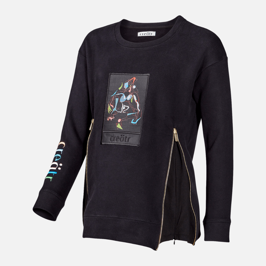 Schwarzer creätr Pulli mit Reisverschluss und bunter Stickerei